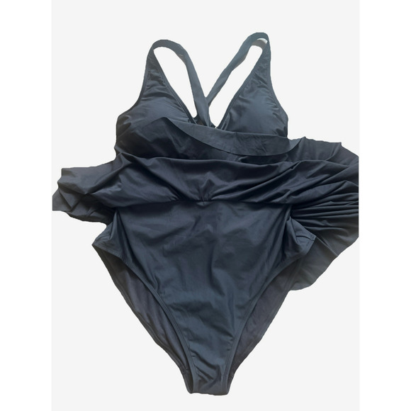 Essentials By Catalina Swim Dress Womens 2X Black Plunge Neck Swimsuit NWT - Picture 8 of 9